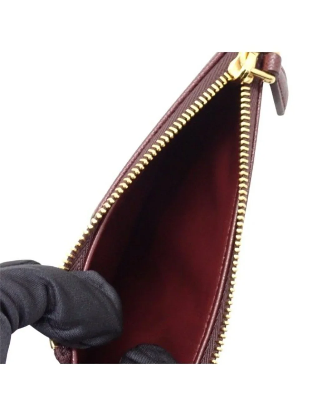 Prada Saffiano Triangle Card Case Bordeaux Burgundy Gold Genus
